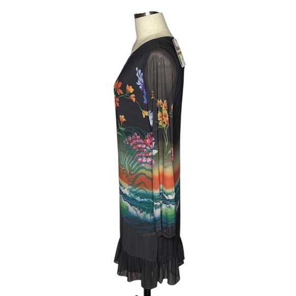 DESIGUAL Black Barton Dress Floral Ocean Wave Print Long Sleeve Ruffle US M NWT - Picture 2 of 10